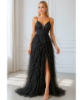 Vestido longo de festa preto tule com fenda elegante aplicações flores casamentos formaturas madrinhas promoção oferta LADY DRESS